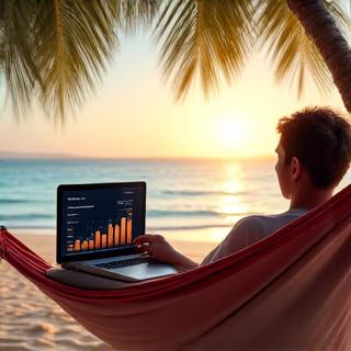 A person relaxing comfortably in a hammock on a tropical beach, checking a laptop that displays significant upward financial trends